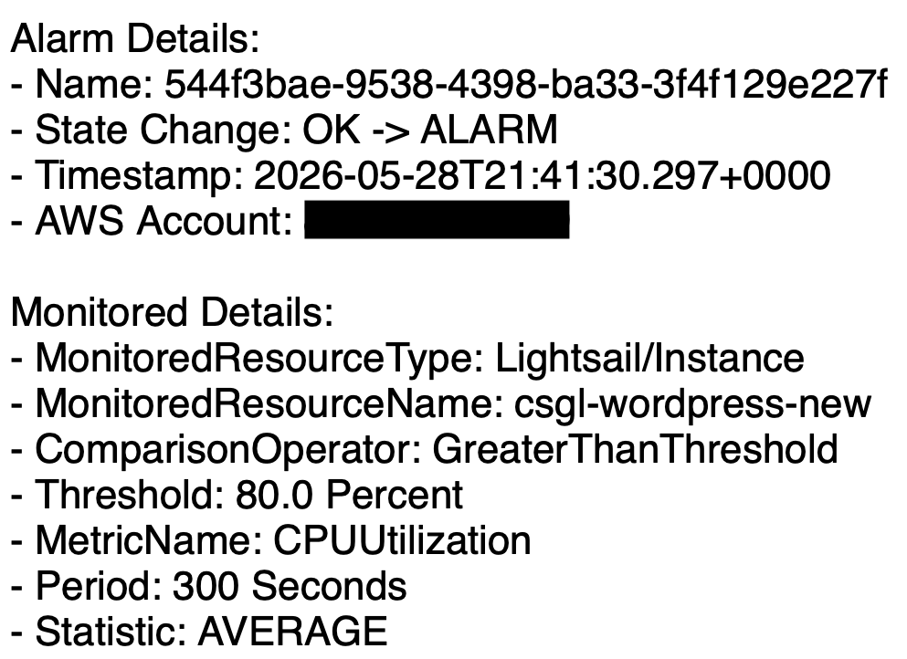 AWS Lightsail CPU utilization alarm triggered during a production outage investigation